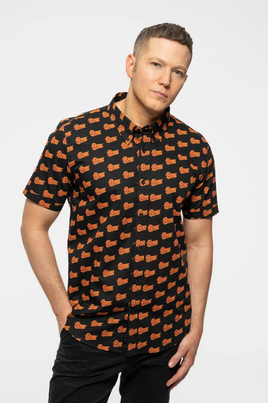David Bowie Casual Shirt Logo Pattern Repeat Logo new Official Mens Black