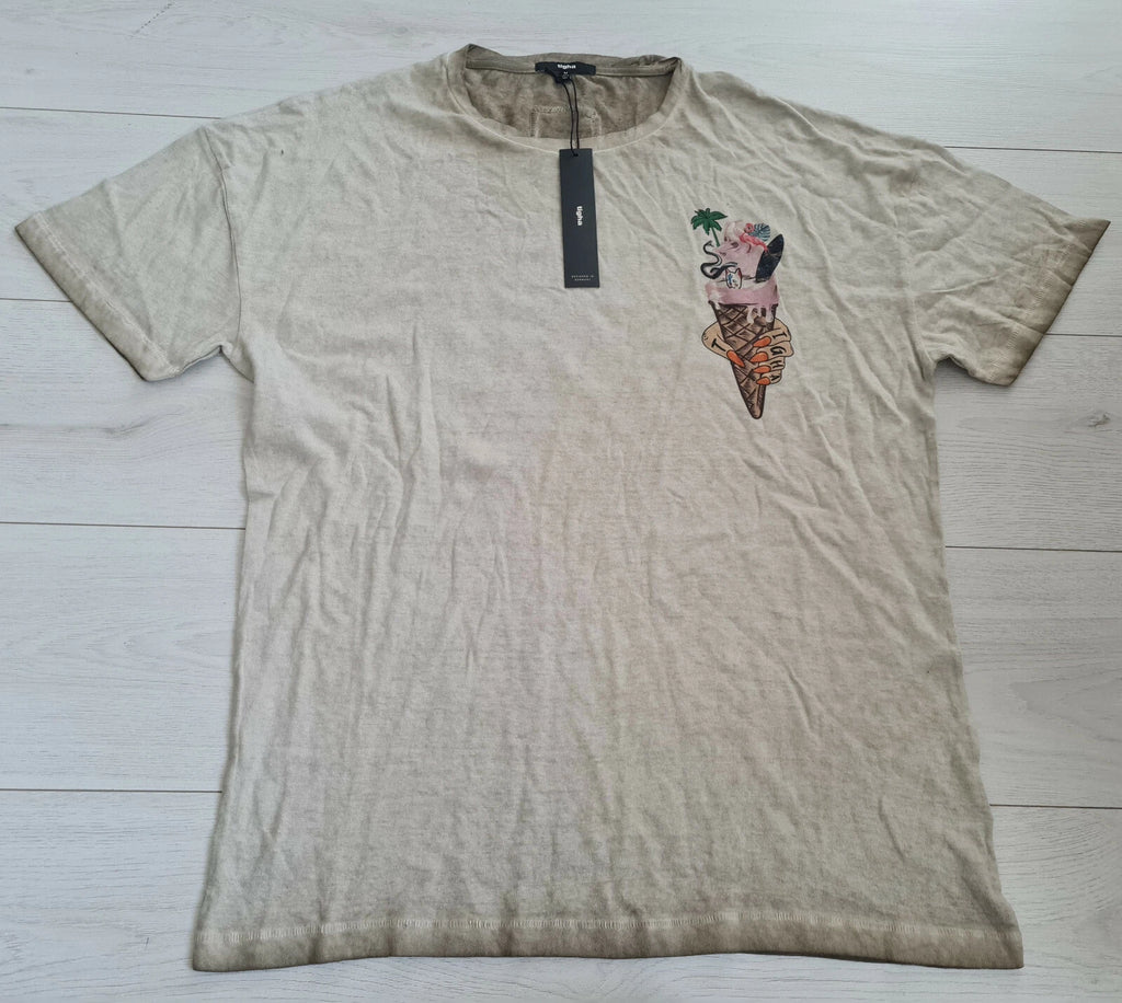 Tigha Mens Oversized T-Shirt Ice Cream MSN Vintage Light Mud Size S
