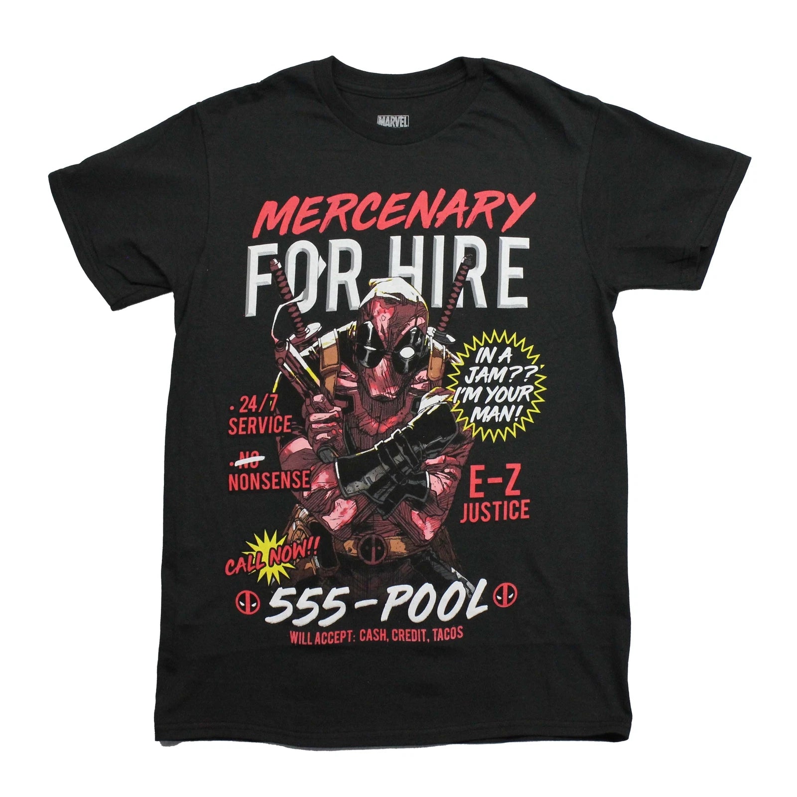 Deadpool New Adult T-Shirt - Ad Mercenary for Hire 555-POOL Image