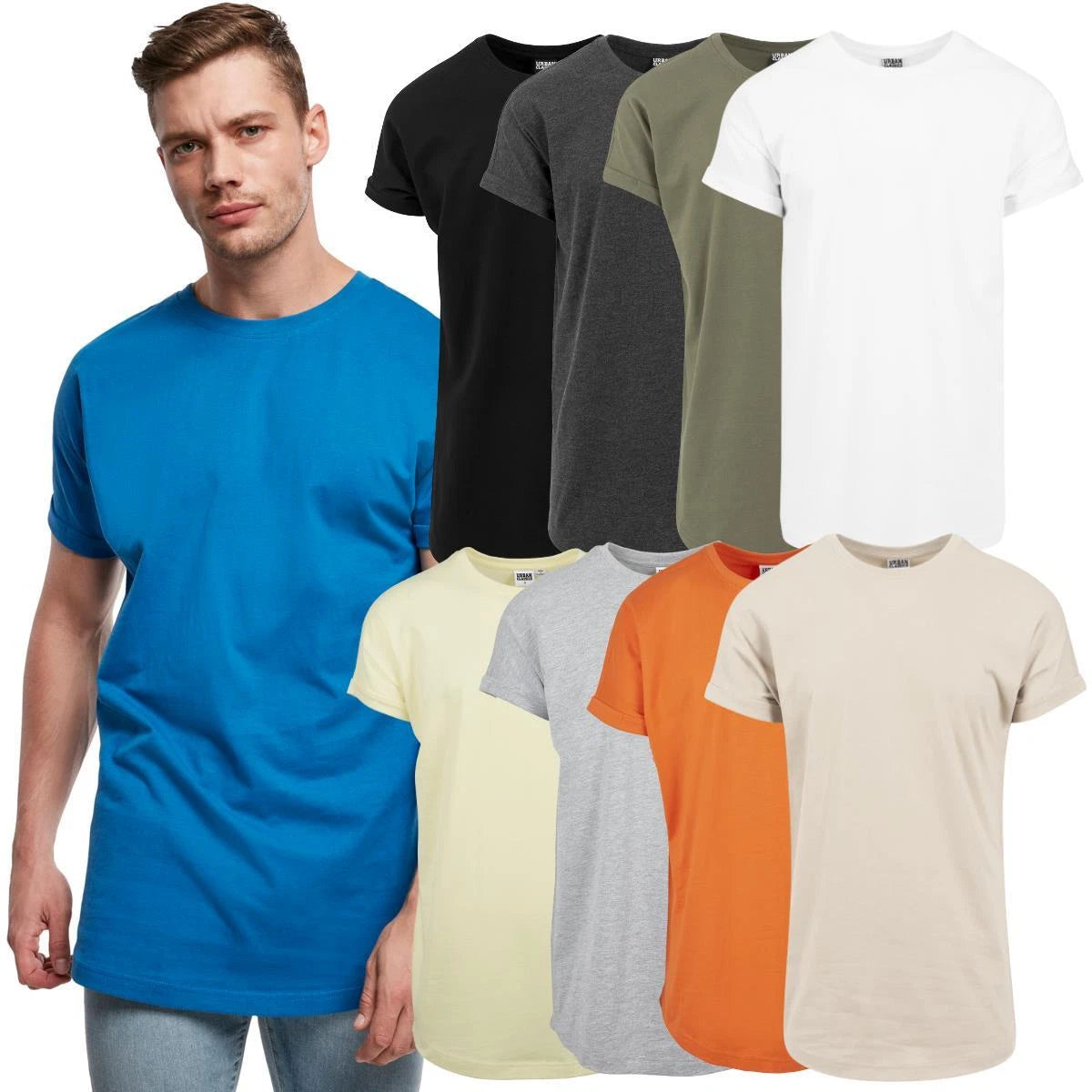Urban Classics Long Shaped Turnup Tee Basic T-Shirt Round Hem Mens Men S-XXL