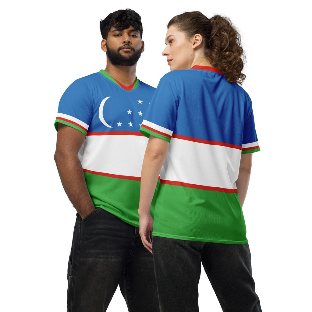 Uzbekistan Flag All Over Print Soccer Jersey, Eco Friendly Unisex Sports Shirt