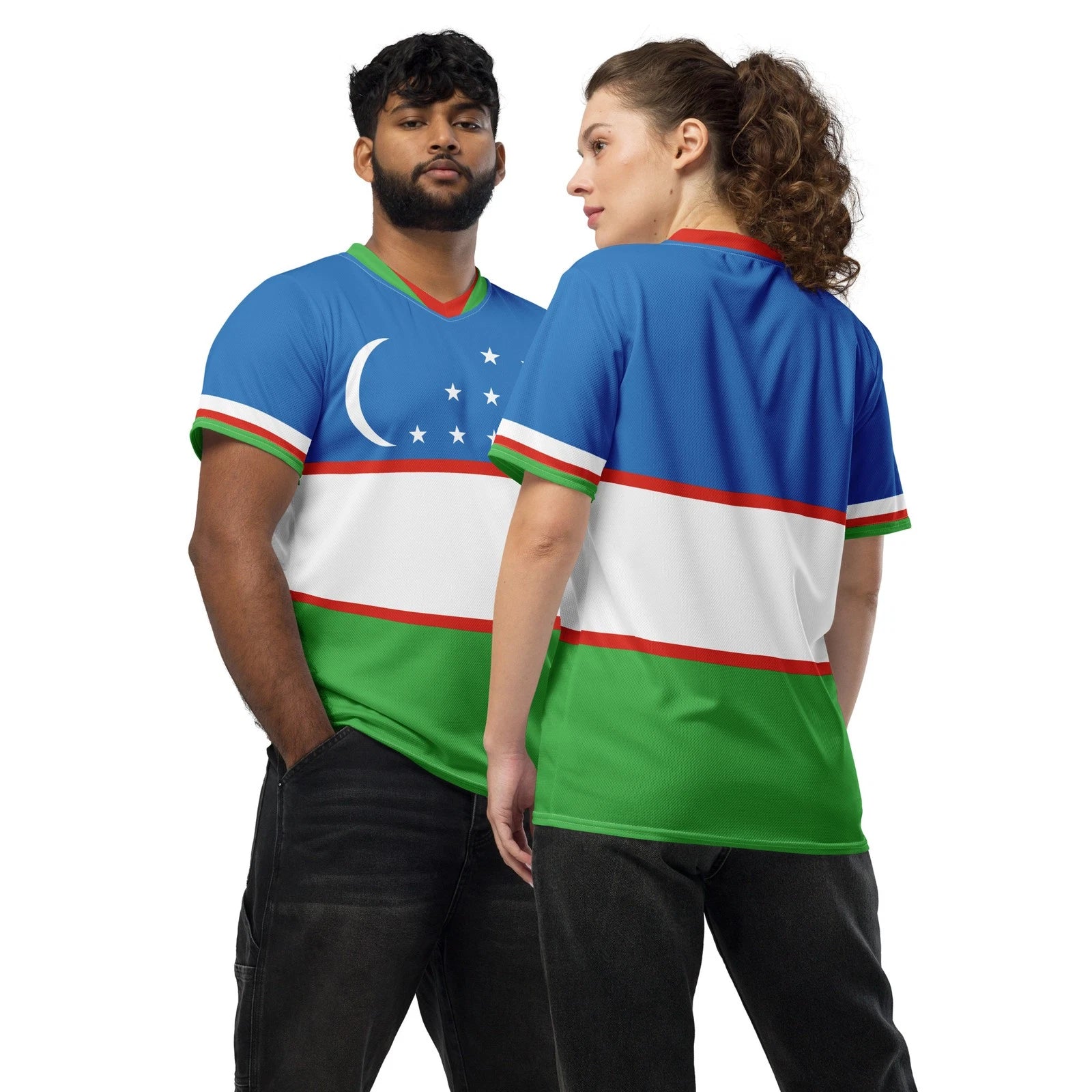 Uzbekistan Flag All Over Print Soccer Jersey, Eco Friendly Unisex Sports Shirt