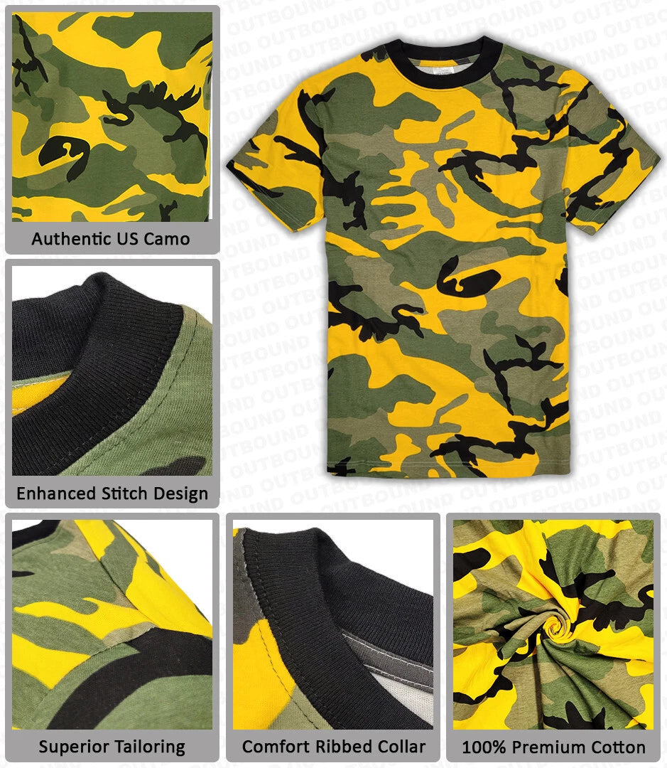Camo T Shirt Mens Army Military Yellow Camouflage Summer Short Sleeve Combat Top