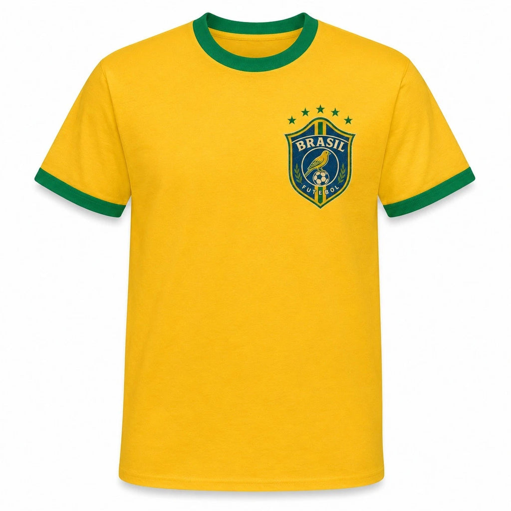 Retro Brazil Ringer T-Shirt Unofficial Football Fan Canary Crest Tee Gift