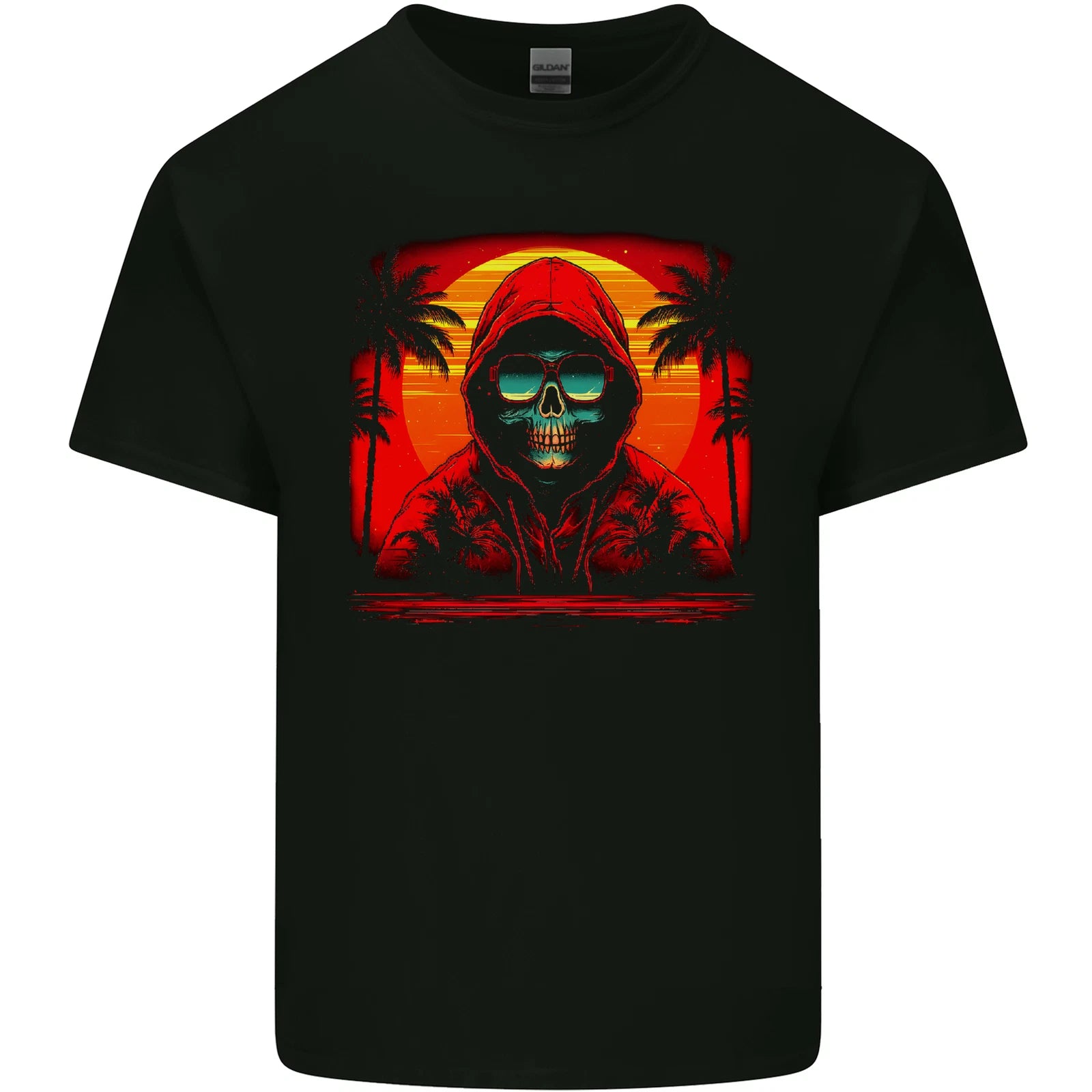 A Retrowave Skeleton With Holiday Sunset Skull Mens Cotton T-Shirt Tee Top