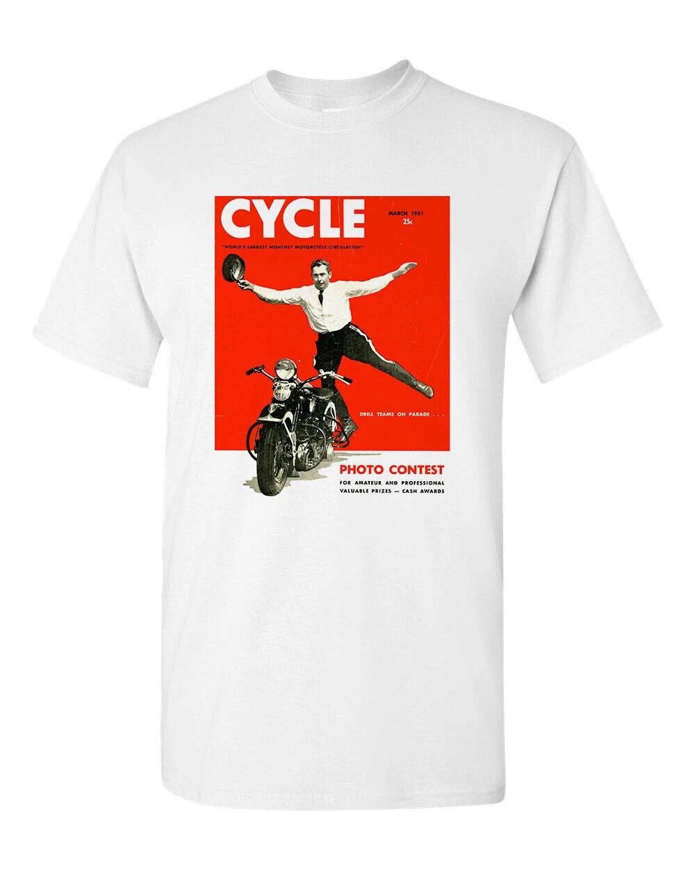 Motorcycle Tee T Shirt White 100% Cotton Vtg Art Cycle March 1951 Retro