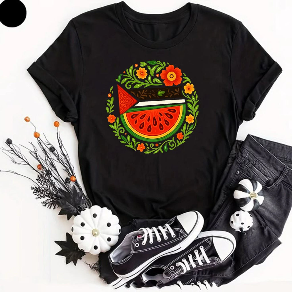 Solidarity Palestine T Shirt Watermelon Symbol Printed Save Gaza Protest Colors
