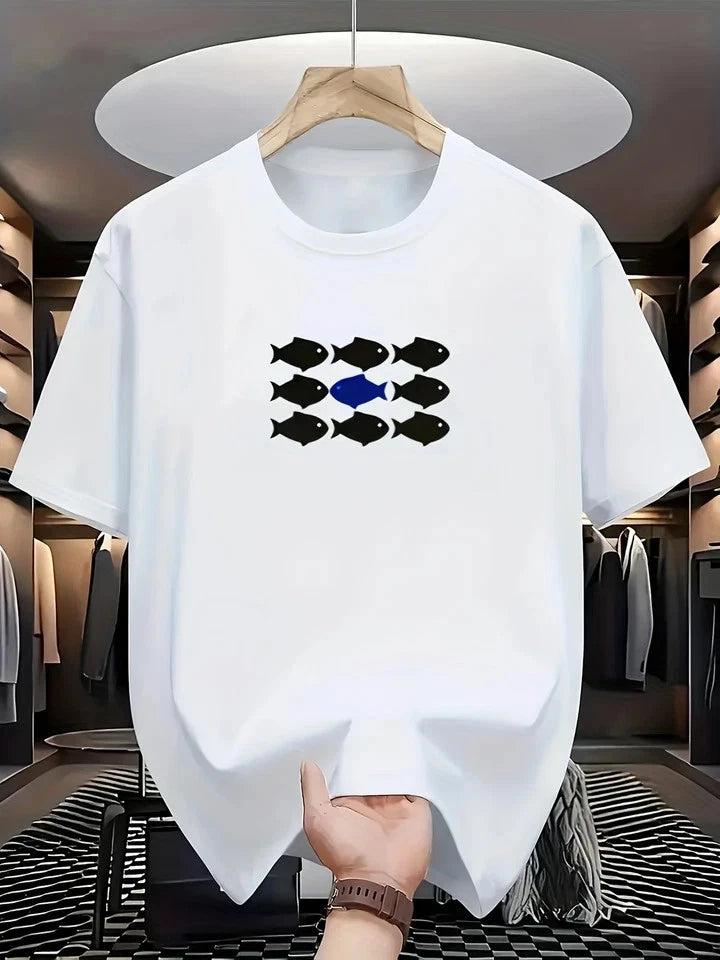 Men's Casual Round Neck T-Shirt with Fish School Pattern