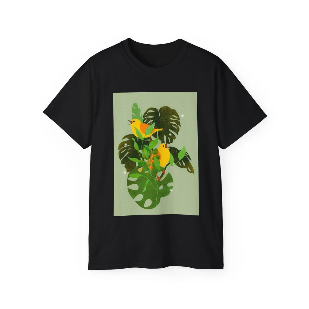 Monstera Leaves Birds Sheet Plants Botanical | Custom Graphic T-Shirt
