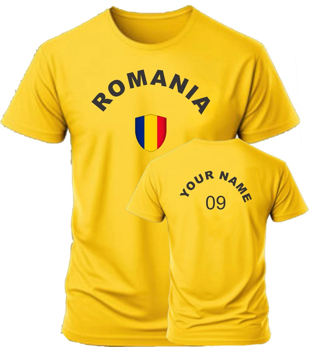 Personalise Romania Football T-Shirt, Soccer Fans Sports, Costume Flag, Badge,