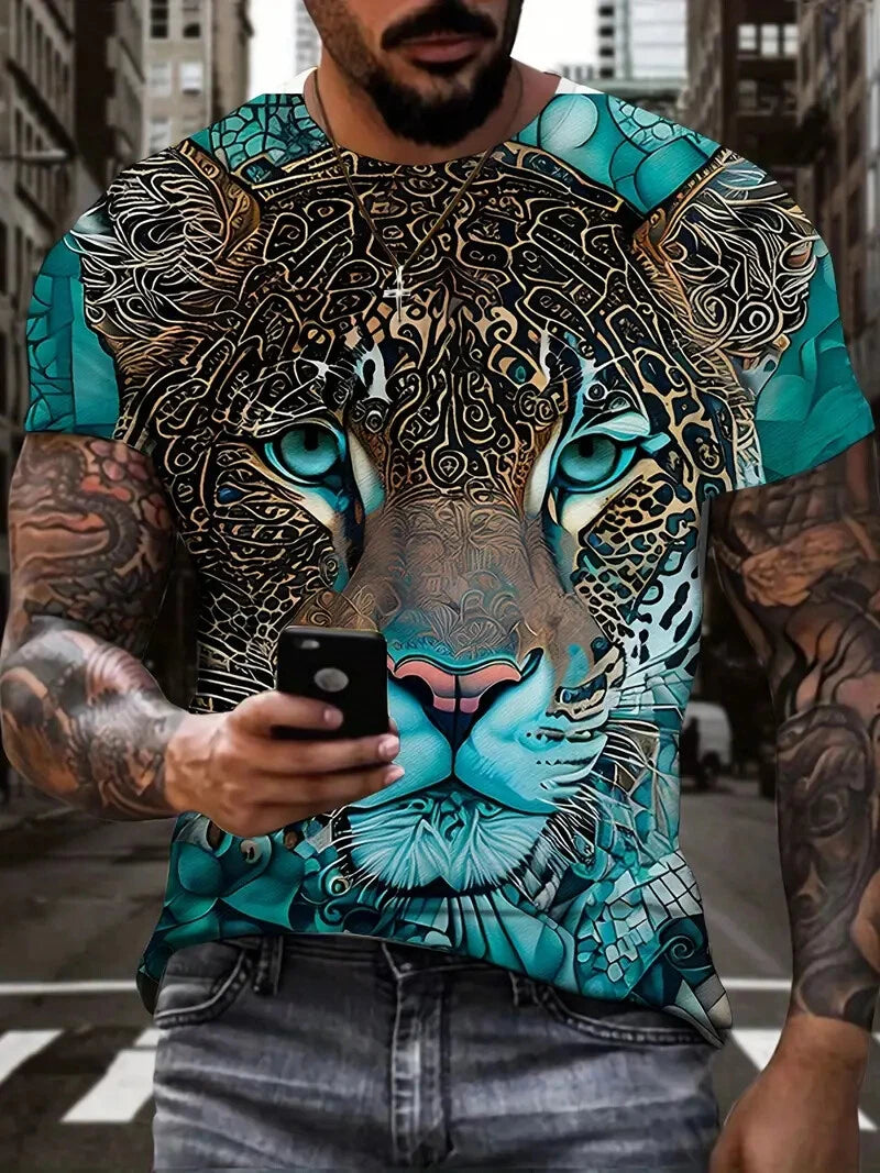 T Shirt Men Leopard Teal Blue Graphic Print Fashion Short Sleeve Lightweight Tee