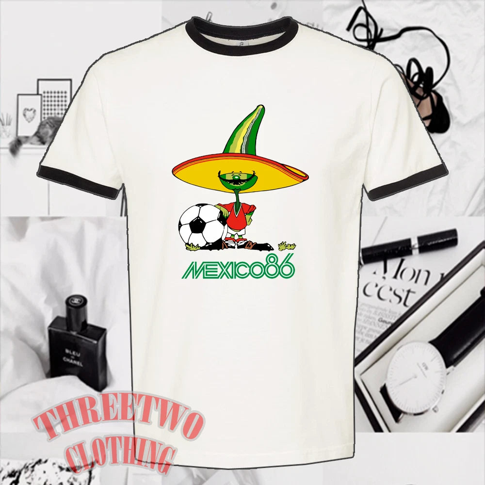 Mexico 86 Pique Classic Football Masscot Men's Ringer Black Size S to 3XL