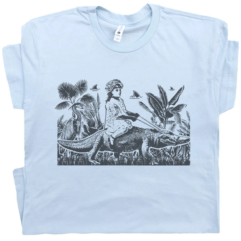 Girl Riding Alligator T Shirt Weird Shirts Vintage Florida Graphic Retro Gator T