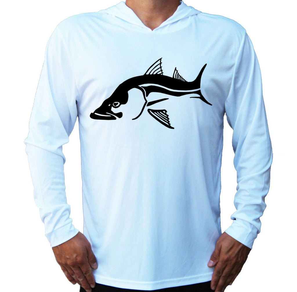 Fisherman Snook Fish On Protected UPF 50 Long Sleeve T-Shirt Hood Boat Fishing
