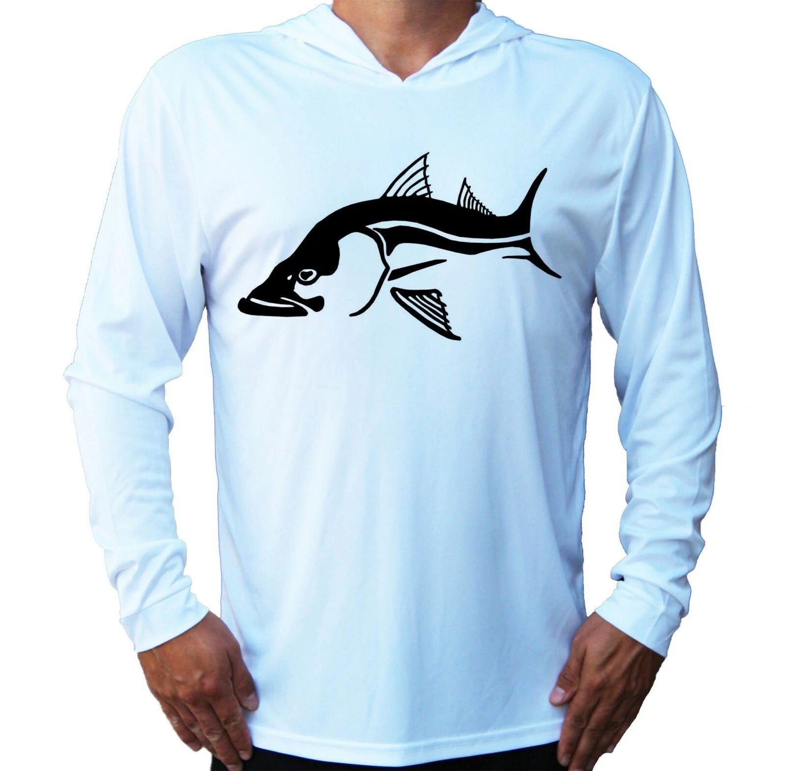 Fisherman Snook Fish On Protected UPF 50 Long Sleeve T-Shirt Hood Boat Fishing