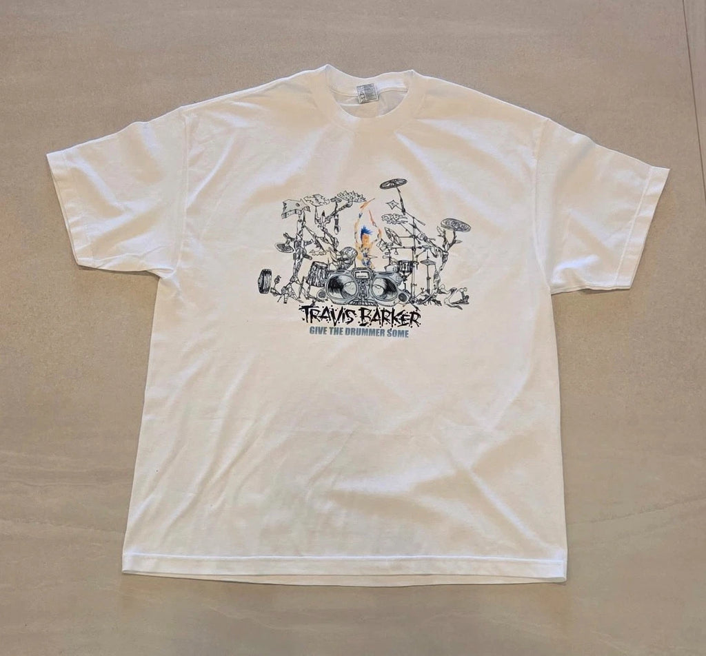 Travis Barker Give The Drummer Some White T-Shirt Size L Punk Rock Graphic Tee B
