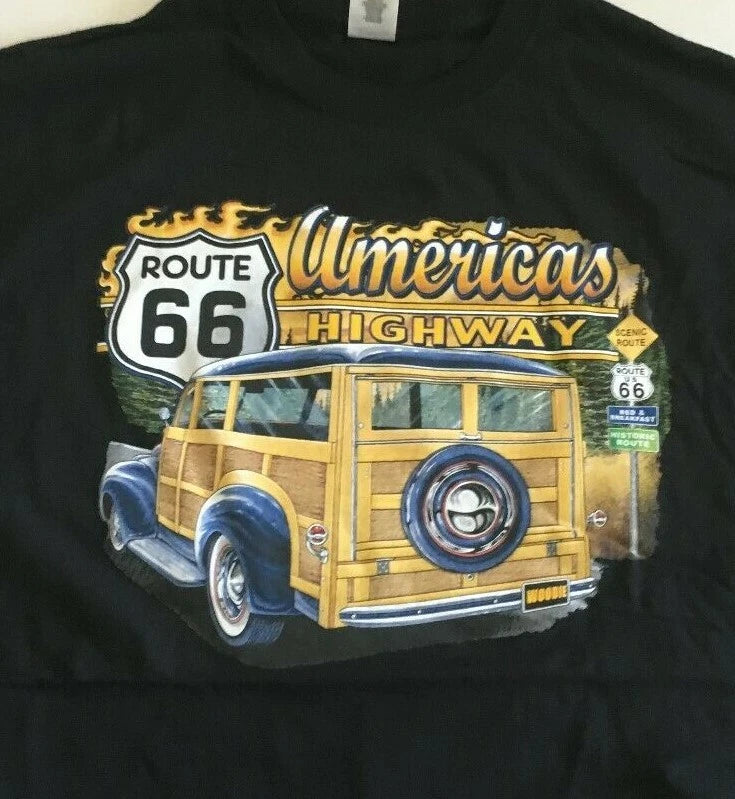 America's Highway Ford Woody (2) 100% Black Cotton T-Shirt.