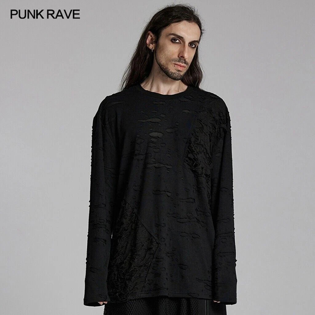 Punk Rave Men Black Gothic Decadent Loose Casual Knit T-Shirt Long Sleeve Tops