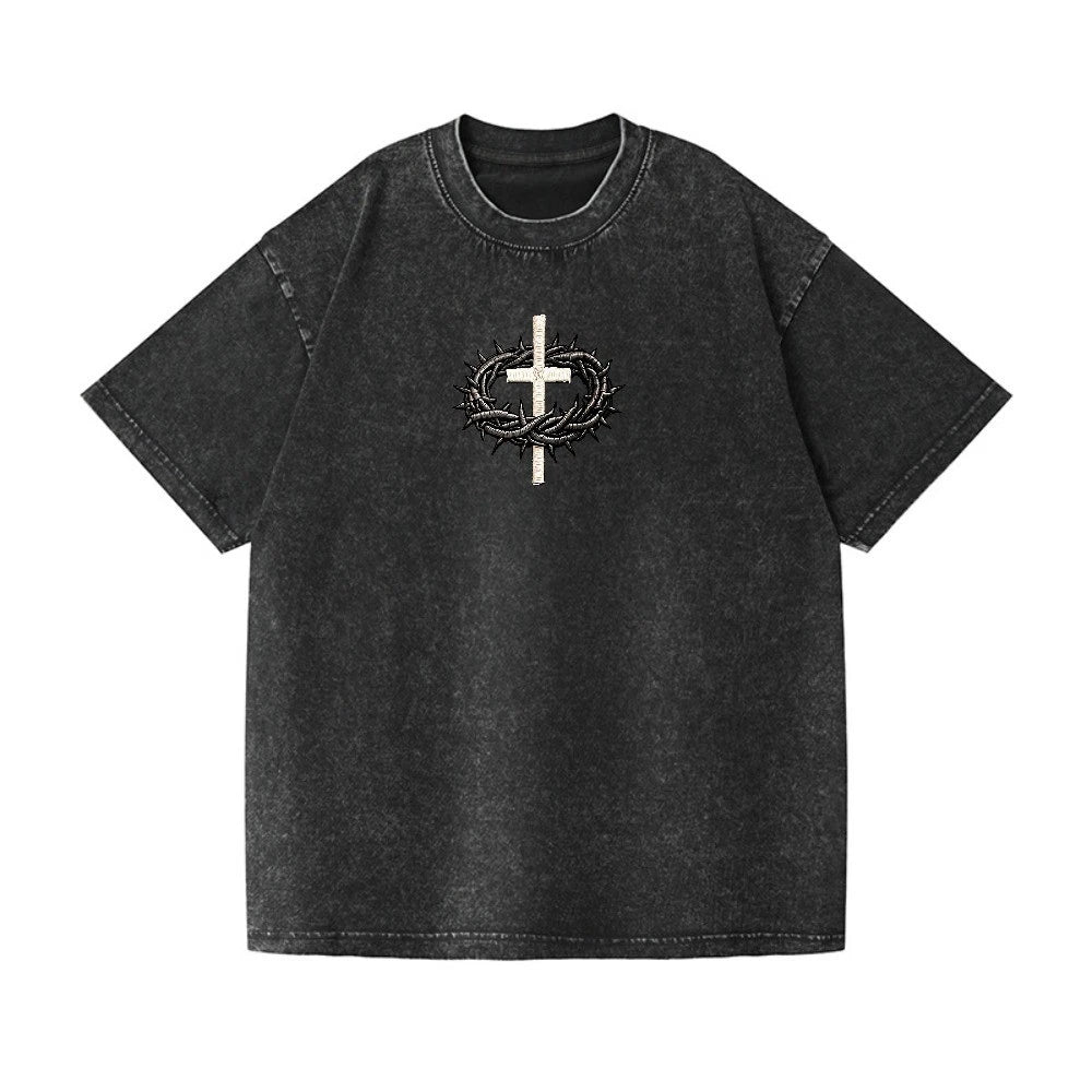 Vintage Washed Christian Cross Thorns Oversized T-Shirt Religious Casual Tee