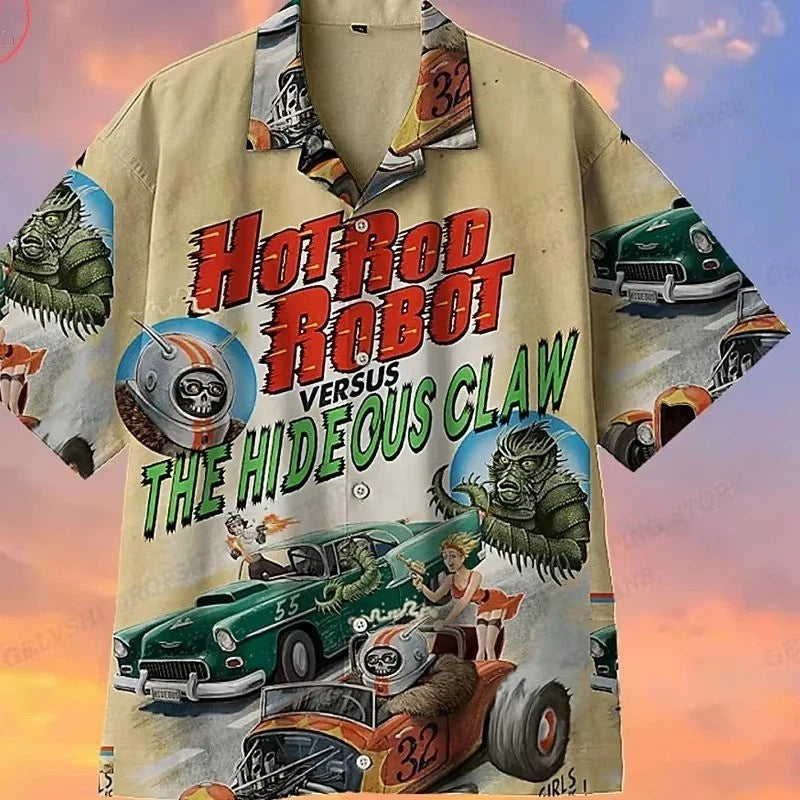 Mens Button Down Vintage Custom Garage Car Hawaiian Top Novelty Holiday Shirt
