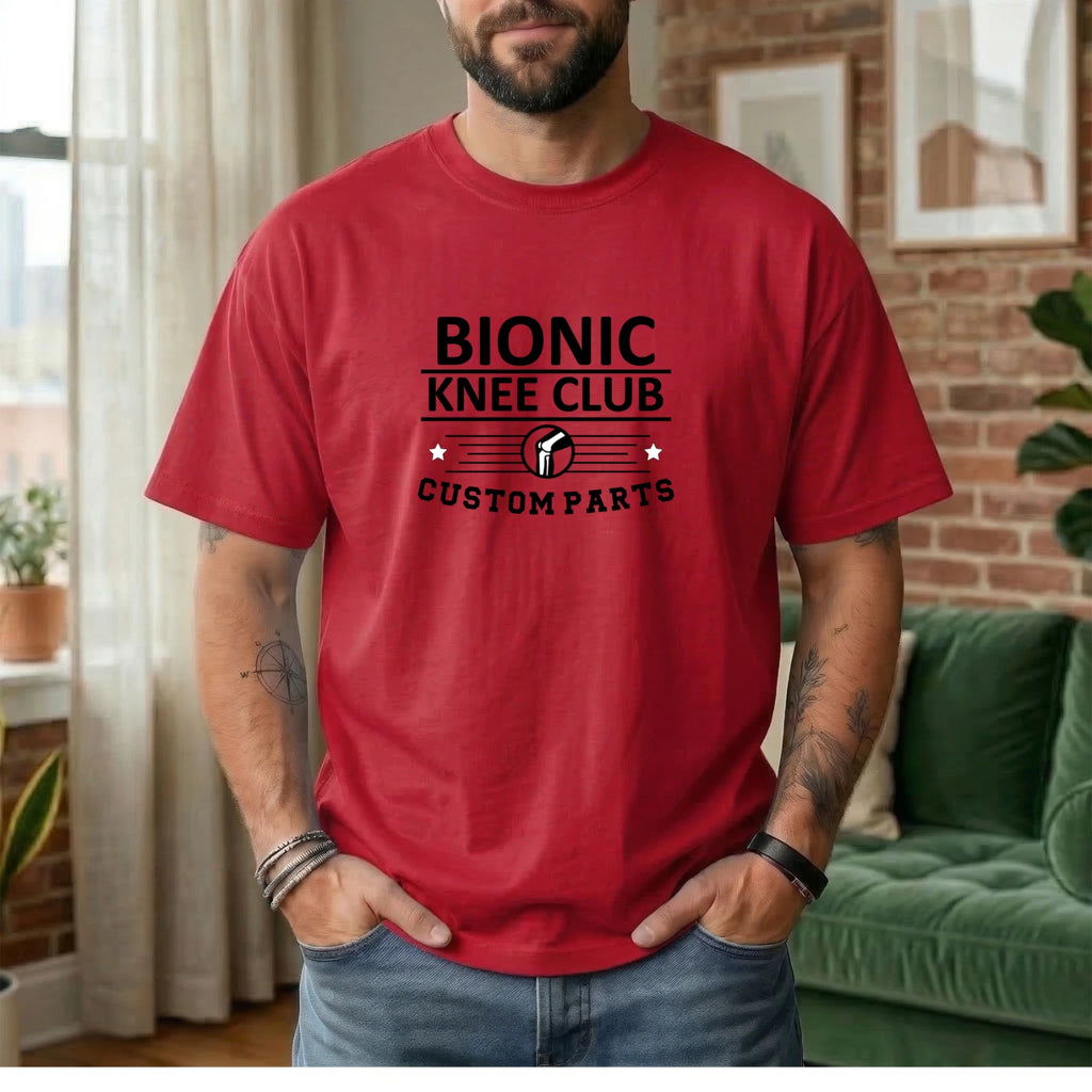 Bionic Knee Club Custom Parts T Shirt Knee Replacement Recovery Tee Gift-  Red