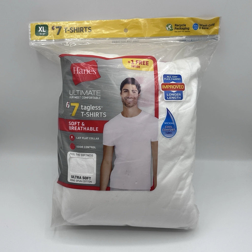 Hanes Men’s Pack Of 7 Tagless Ultra Soft White T Shirts Size X Large