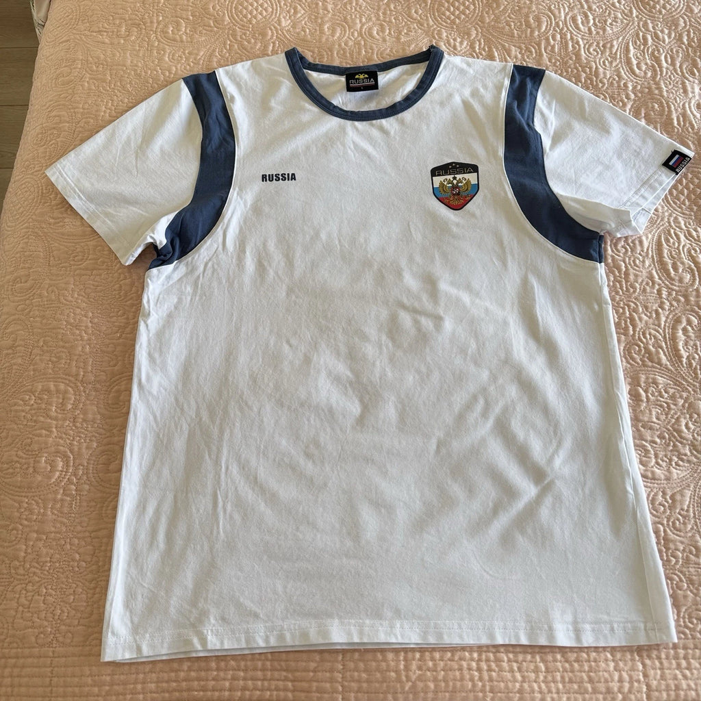 White And Navy Russia Flag And Crest Print T Shirt Size L