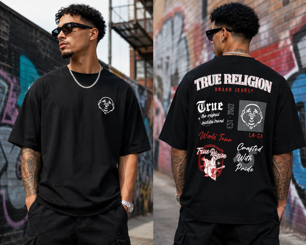 True Religion Men’s 2XL Black Graphic T Shirt Buddha Logo Streetwear NWT Cotton