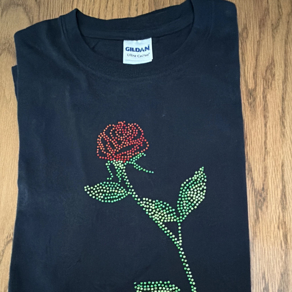 Gildan Ultra Cotton Womens Black Crew Neck Sweatshirt/Rhinestone Red Rose Tee