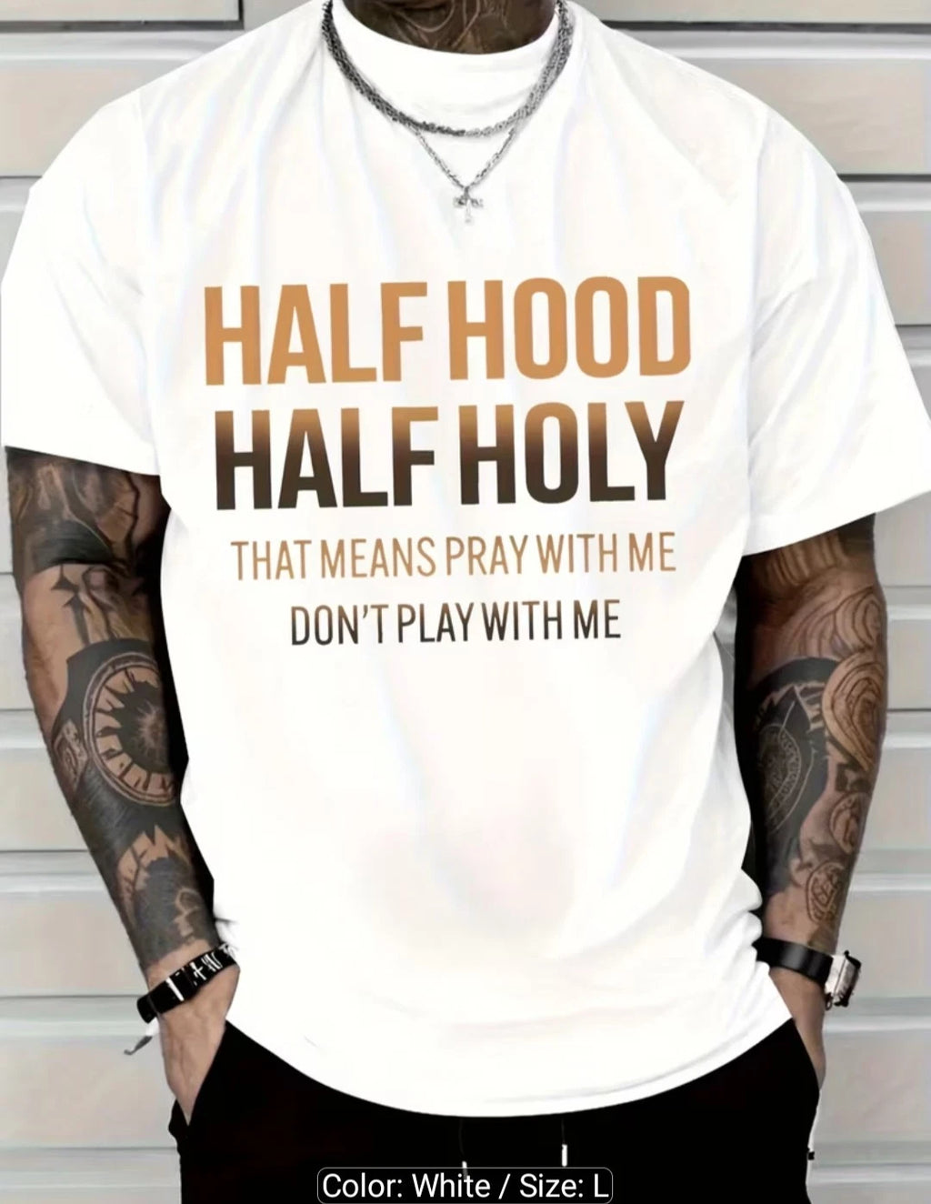 MEN/WOMEN WHITE LARGE HALF HOOD HALF HOLY T-SHIRT