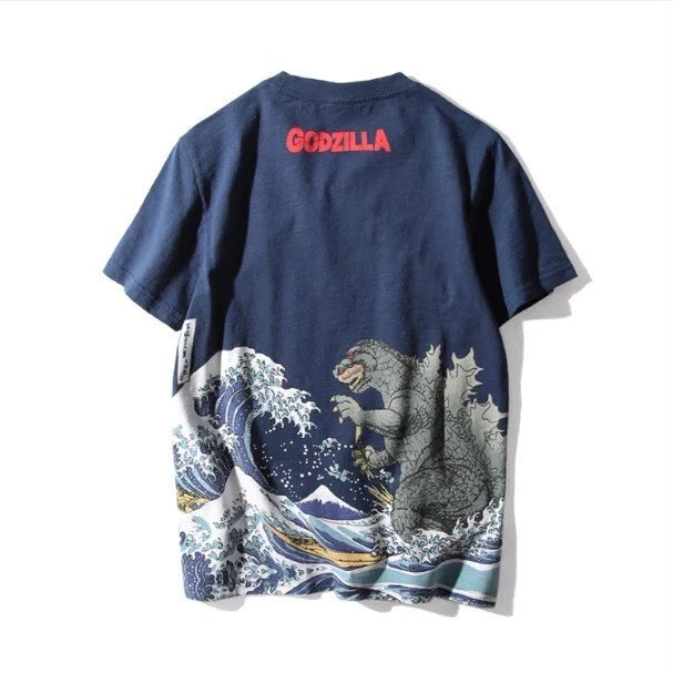 Godzilla T-shirt Ukiyoe Wave Print - Limited Edition - Navy Blue