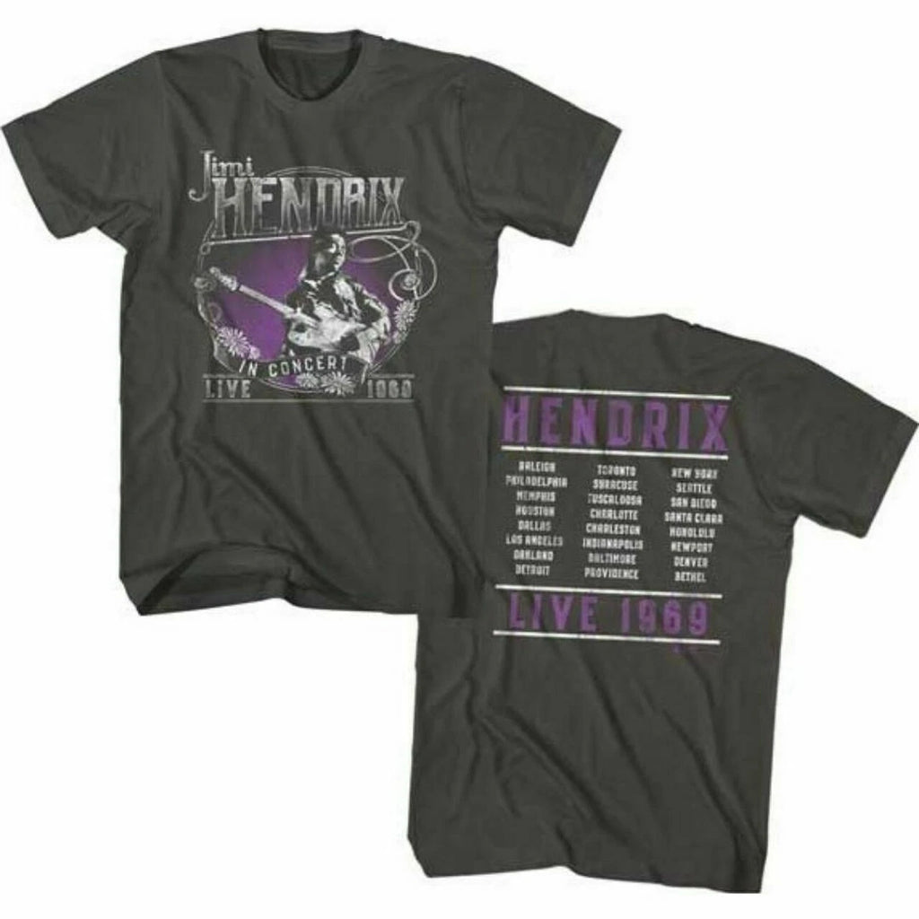 Jimi Hendrix Vintage T-shirt - Live in Concert 1969  Men's Unisex Charcoal
