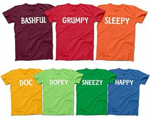 Unisex Seven 7 Dwarfs Snow White Happy Costume Funny Bashful Dopey Doc T-shirt