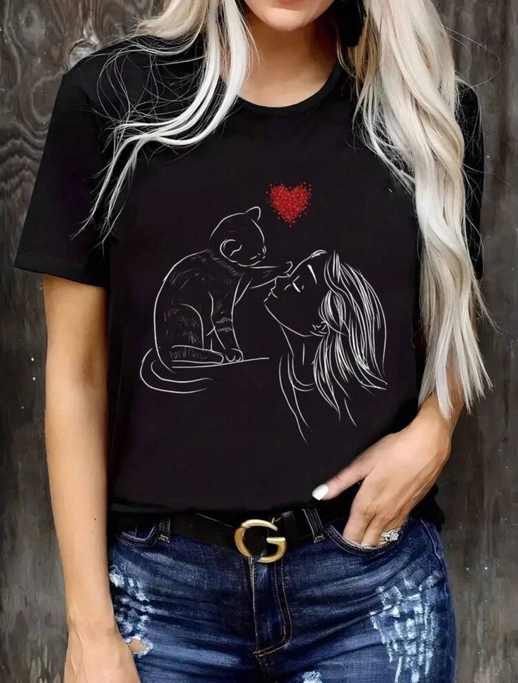 Cat Heart Graphic T shirt Large Black 100% Cotton Top Kitty Love NEW Minimalist