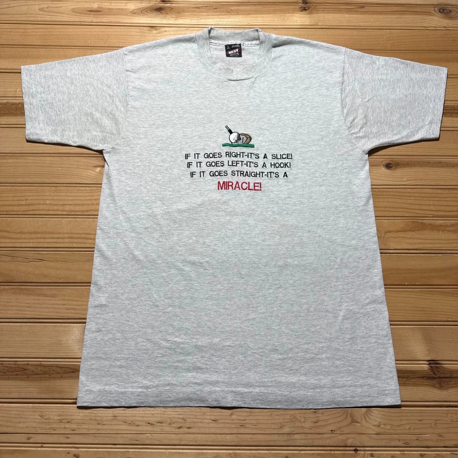 Vintage 90s Golf Miracle Humor Funny Embroidered Graphic T-Shirt USA - Large