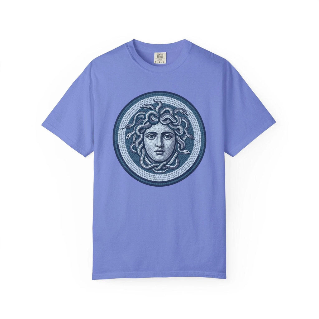 Blue Medusa Mosaic T-Shirt | Greek Mythology Gorgon Head Graphic Tee Shirt