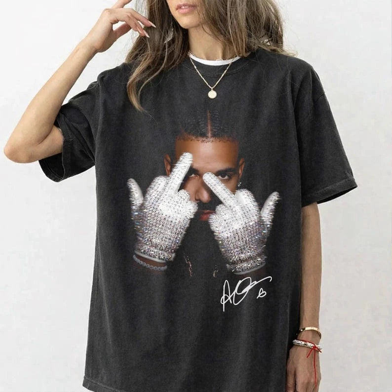 Drake Middle Finger Rhinestone Glove Shirt, Rapper Graphic Tee, Hip Hop Vintage