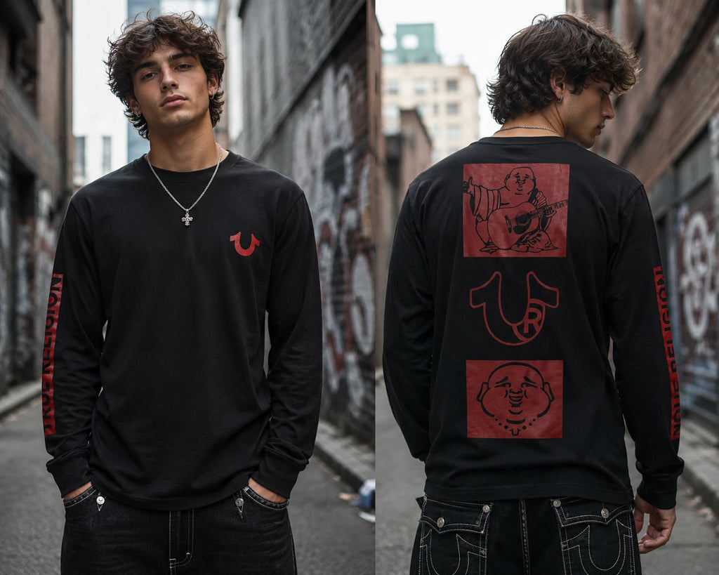 True Religion Buddha Long Sleeve T Shirt Mens Medium Black Red Graphic Logo Tee
