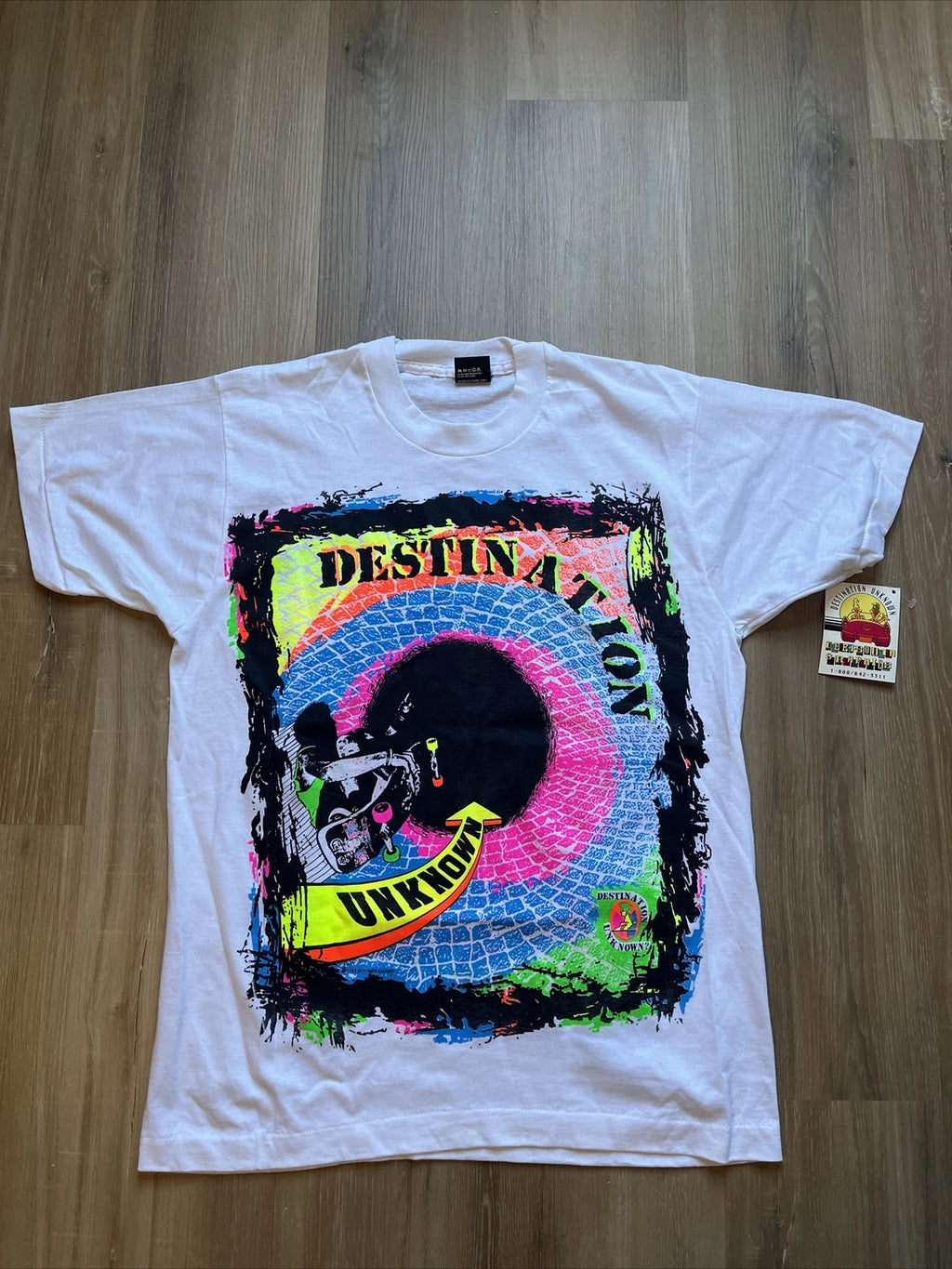 Vintage Neon T Shirt Skateboard “destination Unknown”  80s Deadstock Size Large