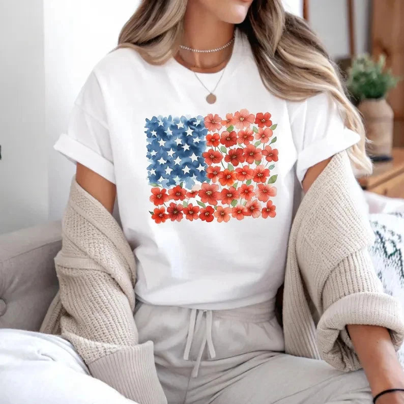 Floral American Flag Shirt, Patriotic Flower T-Shirt, 4th of July Floral Tee