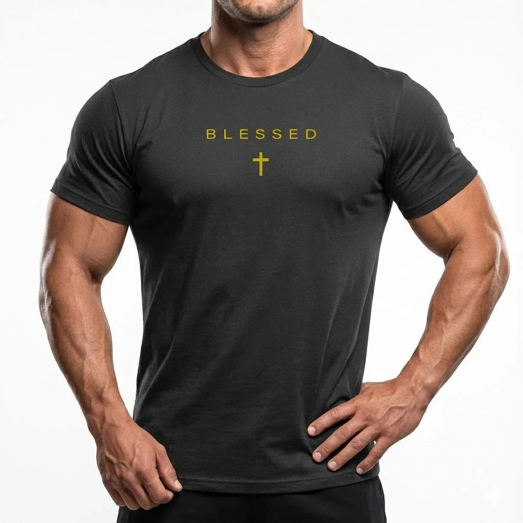 Blessed Christian T-Shirt Cross Minimalist Faith Tee Black Shirt