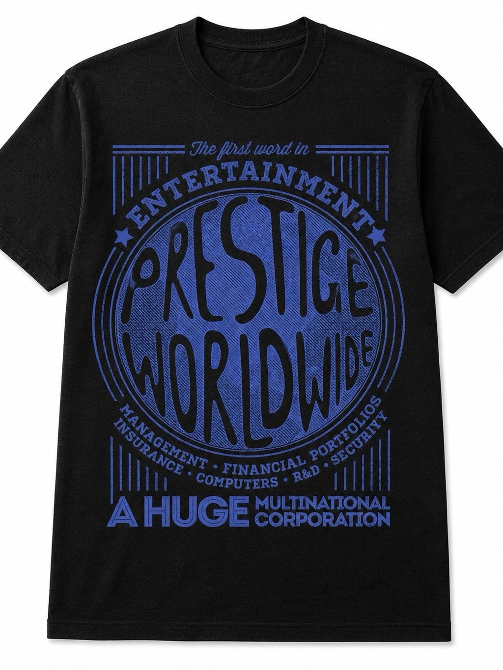 Prestige Worldwide Graphic T-Shirt | Retro Corporate Parody Tee |