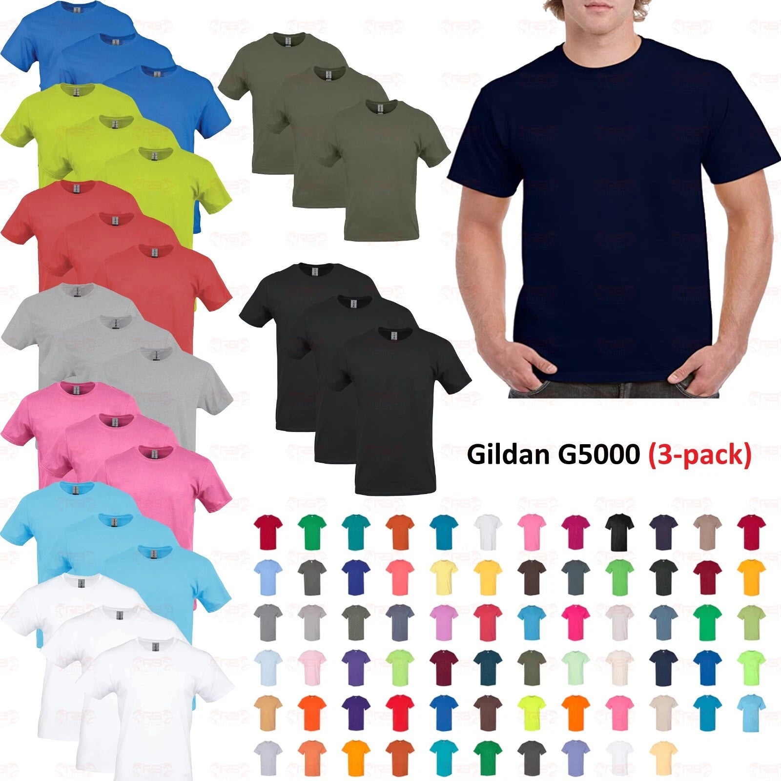Gildan 3-PACK Men's Heavy Cotton T-Shirt (Pack of 3) Bulk Solid Blank Regula Fit