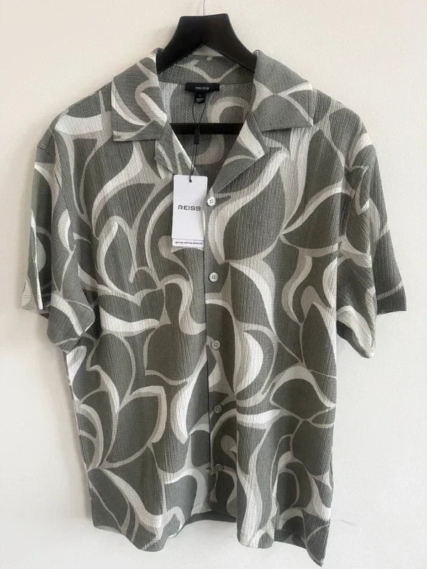 REISS Mens Sage Hays Cuban Collar SS Shirt Designer Textured Printed Polyester