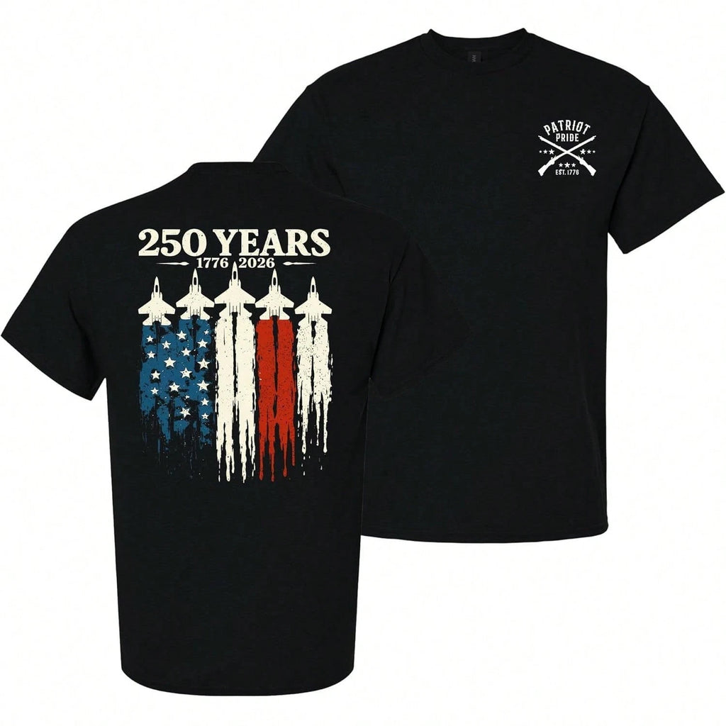 Patriot Pride Men's Tee, 250 Years America 1776-2026 Jet Flag Anniversary Print