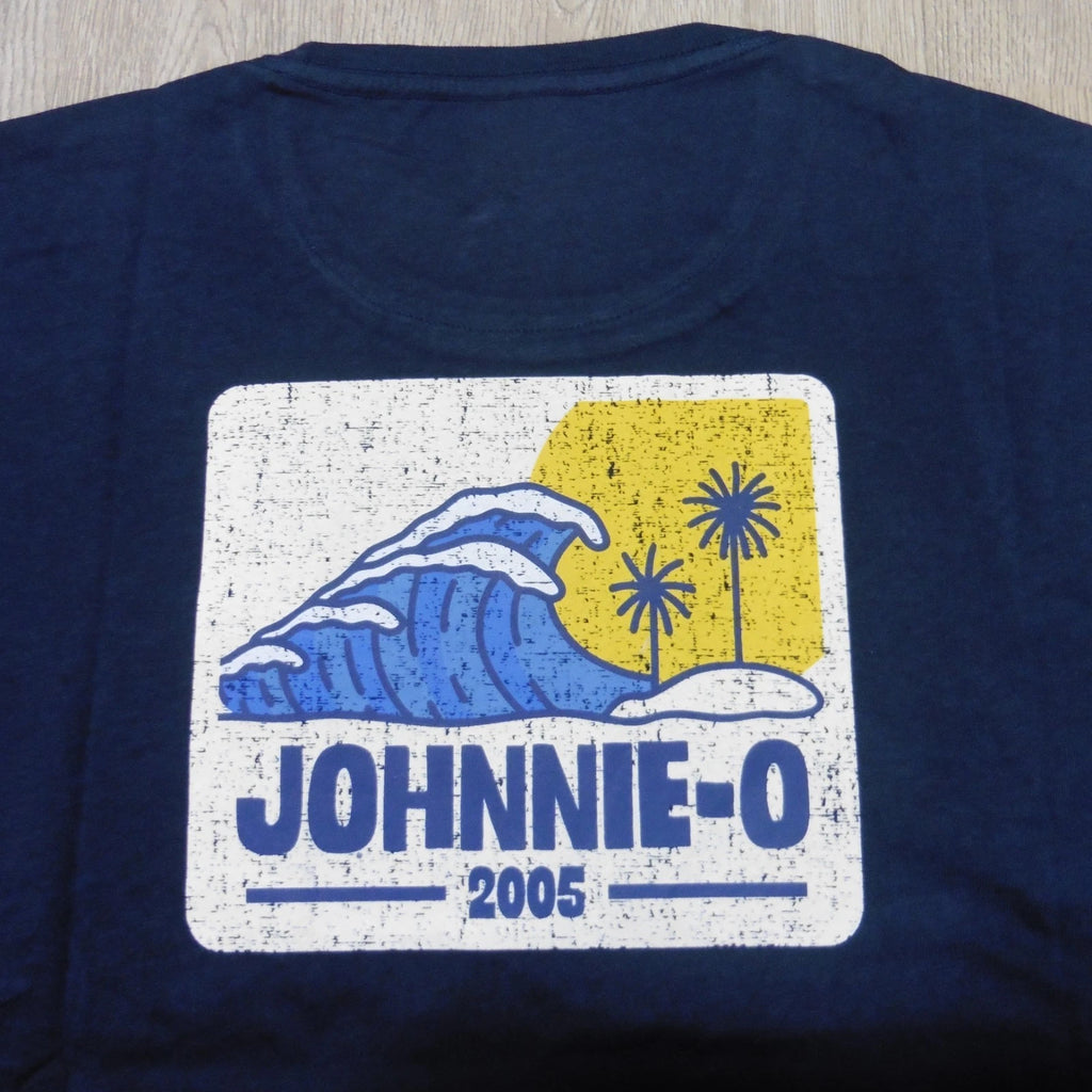 JOHNNIE O Mens L LARGE T SHIRT WAVE RIDER NAVY BLUE YELLOW DALE 2.0 GOLF TEE
