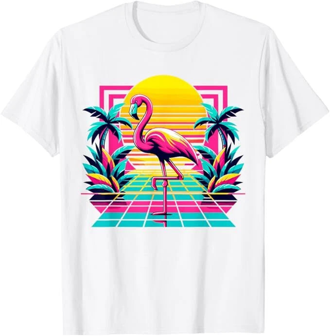 Pink Flamingo Palm Trees Tropical Summer T-Shirt, Size S-5XL