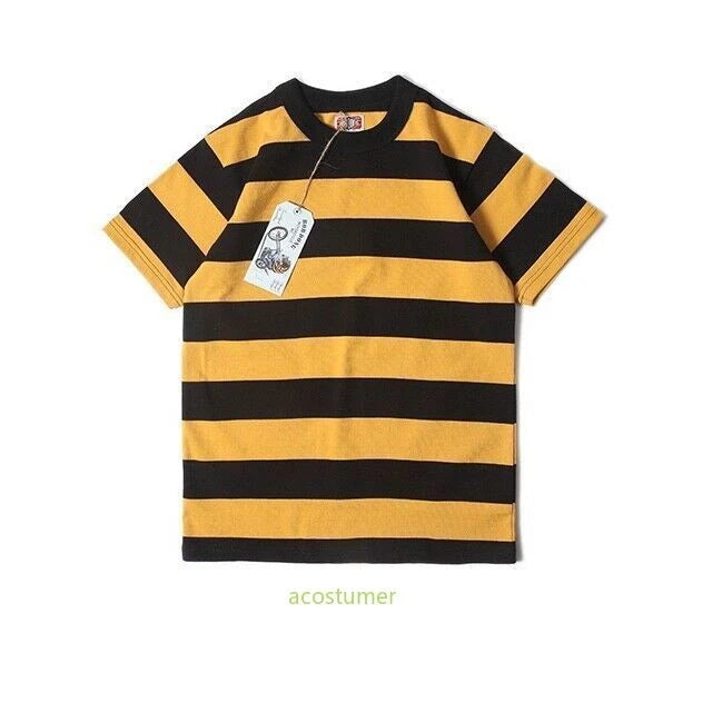 BOB DONG Men's Prisoner Retro Striped T-Shirt Crew Neck 330G Cotton Casual Shirt
