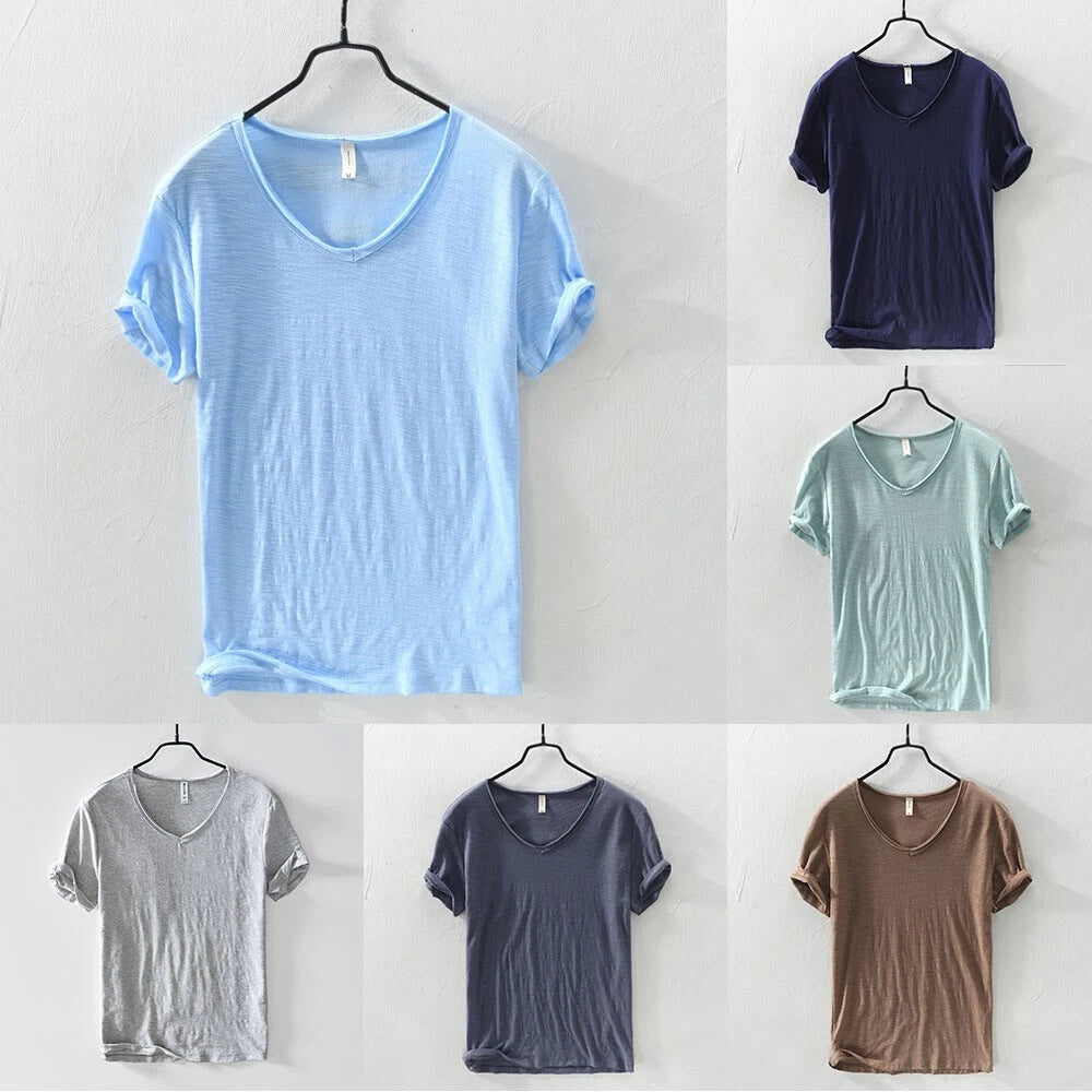 Casual Men's Premium Cotton Shirt Classic Fit Cotton V-Neck Shirts Blouse Tops