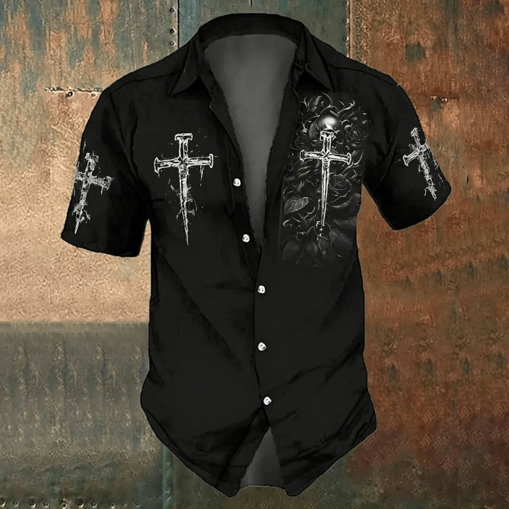 Men Black Cross Print Casual Shirt Short Sleeve Gothic Style Summer Top